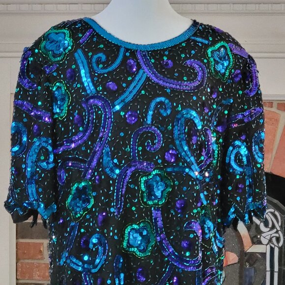 Vintage Laurence Kazar New York Sequined Top in Beautiful Blues and Greens - Picture 1 of 6